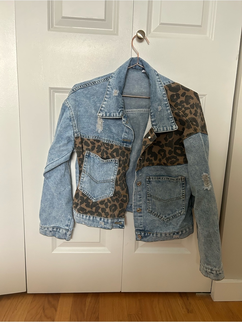 Leopard Patchwork Light Wash Denim Jacket - Women - Picture 1 of 1